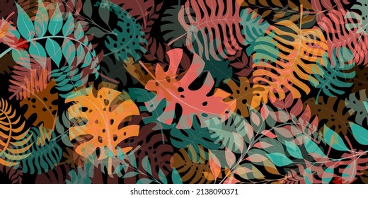 Background with exotic jungle plants. Tropical palm leaves. Rainforest illustration, multicolored on black.