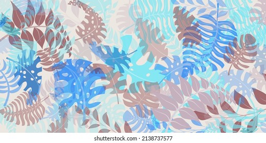 Background with exotic jungle plants. Tropical palm leaves. Rainforest illustration, multicolored on white.