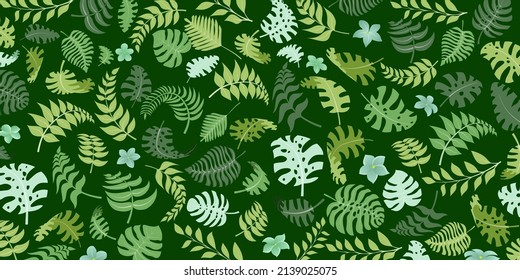 Antecedentes con plantas de selva exótica. Hojas de palma y flores tropicales. Ilustración de selva tropical en colores verdes