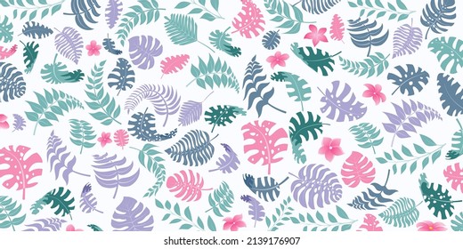 Hintergrund mit exotischen Dschungelpflanzen. Tropische Palmenblätter und Blumen. Regenwaldgrafik, mehrfarbig auf weiß