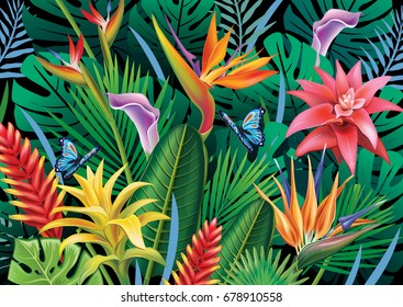 Background with exotic tropical flowers and leaves