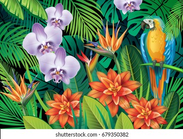 Background with exotic tropical flowers and leaves