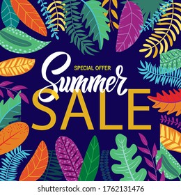 Background with exotic tropical plants, flowers and leaves. tiger peering out of the thicket. printable summer sale vector image
