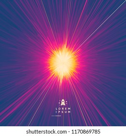 Background with explosion. Starburst dynamic lines. Solar or starlight emission. 3d futuristic technology style. Vector illustration.
