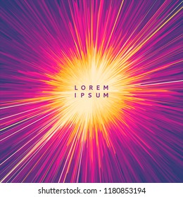 Background with explosion. Starburst dynamic lines. Solar or starlight emission. 3d futuristic technology style. Vector illustration.