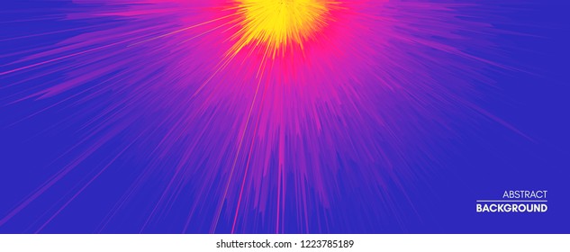 Background with explosion. Starburst dynamic lines. Solar or starlight emission. 3d futuristic technology style. Vector illustration.