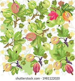 Hintergrund für Gewebe und Textilien. Blumendruck. Designer Hijab Muster.
Stachelbeeren. Schöne Vektorgrafiken.