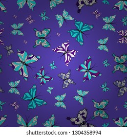 Background for Fabric, Textile, Print and Invitation. Seamless pattern with Flying Butterflies in Watercolor Style. Vector illustration. Beauty in Nature. Illustration on blue, violet and white colors