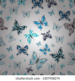 Background for fabric, textile, print and invitation. Seamless pattern. Beautiful color butterflies on a blue, neutral and white colors. Vector illustration.