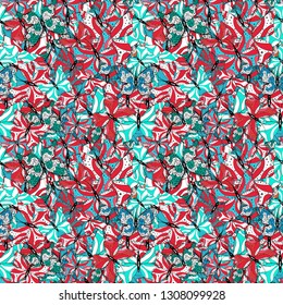 Background for fabric, textile, print and invitation. Watercolor abstract bright pattern butterfly wings, retro colors. Pictures in white, blue and red colors.
