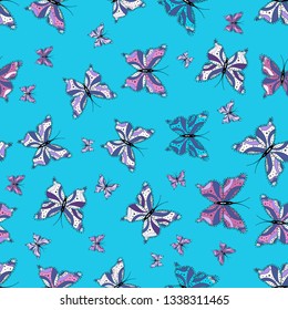 Background for Fabric, Textile, Print and Invitation. Beauty in Nature. Vector illustration. Seamless pattern with Flying Butterflies in Watercolor Style.