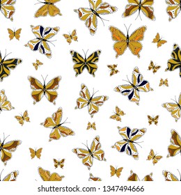 Background for Fabric, Textile, Print and Invitation. Beauty in Nature. Vector illustration. Seamless pattern with Flying Butterflies in Watercolor Style.