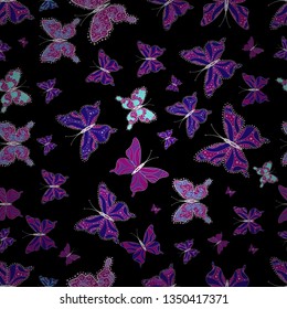 Background for Fabric, Textile, Print and Invitation. Seamless pattern with butterfly on black, blue and purple background. Vector illustration.