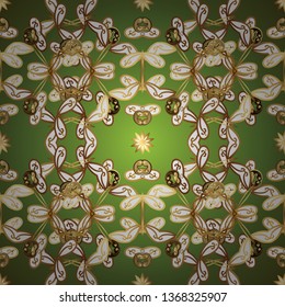 Background for Fabric, Textile, Print and Invitation. Vector calligraphy swirls, swashes, ornate motifs and scrolls. Pictures in white, brown and green colors. Flourish labels. Seamless pattern.