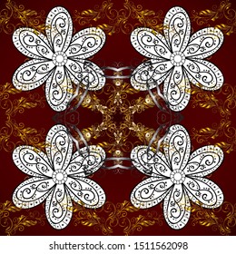 Background for Fabric, Textile, Print and Invitation. Seamless pattern. Pictures in red, brown and white colors. Vector calligraphy swirls, swashes, ornate motifs and scrolls. Flourish labels.