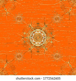 Background for Fabric, Textile, Print and Invitation. Vector calligraphy swirls, swashes, ornate motifs and scrolls. Pictures in orange and beige colors. Seamless pattern. Flourish labels.
