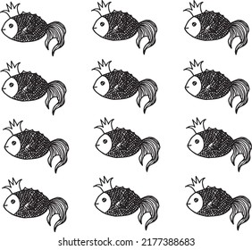 Background of fabulous goldfish with a beautiful tail and crown drawn with black marker on white paper. Pattern of fabulous goldfish. Fairy tale concept. Print for bed linen.