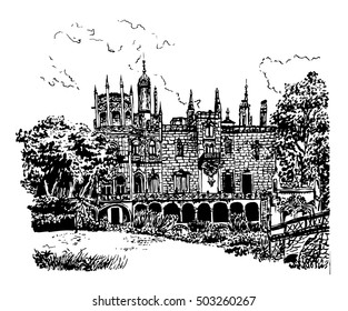 background facade of the palace in the estate of Quinta de Regaleira, in Sintra, Portugal, sketch hand drawn vector illustration