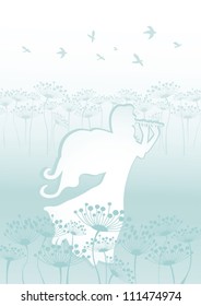 Background with fairy playing flute on the meadow