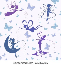 Background With Fairy. Silhouette Seamless Pattern. Vector Illustration.