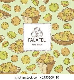 Background with falafel: falafel in the box. Vegetarian fast food. Vector hand drawn illustration