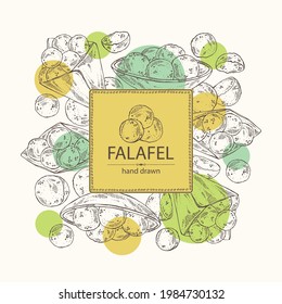 Antecedentes con falafel: falafel en la caja. Comida rápida vegetariana. Ilustración dibujada a mano por el vector