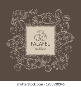 Background with falafel: falafel in the box. Vegetarian fast food. Vector hand drawn illustration