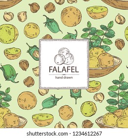 Background with falafel in pita bread with vegetables: falafel, pita bread, tomato, lettuce and cucumber. Vegetarian fast food. Vector hand drawn illustration