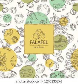 Background with falafel in pita bread with vegetables: falafel, pita bread, tomato, lettuce and cucumber. Vegetarian fast food. Vector hand drawn illustration