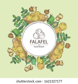 Background with falafel in pita bread with vegetables: falafel, pita bread, tomato, lettuce and cucumber. Vegetarian fast food. Vector hand drawn illustration
