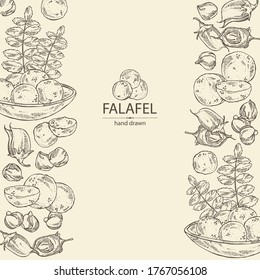 Background with falafel in pita bread with vegetables: falafel, pita bread, tomato, lettuce and cucumber. Vegetarian fast food. Vector hand drawn illustration