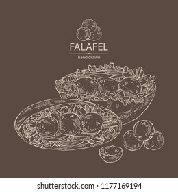 
Background with falafel in pita with vegetables: falafel, pita, tomato, lettuce and olives. Vegetarian fast food. Vector hand drawn illustration