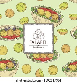 Background with falafel in pita with vegetables: falafel, pita, tomato, lettuce and olives. Vegetarian fast food. Vector hand drawn illustration