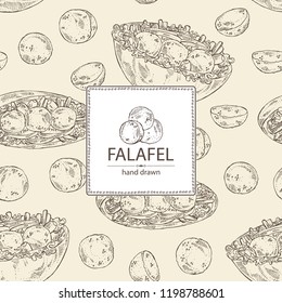 Background with falafel in pita with vegetables: falafel, pita, tomato, lettuce and olives. Vegetarian fast food. Vector hand drawn illustration