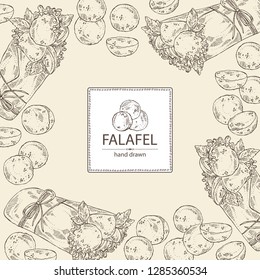 Background with falafel in pita with vegetables: falafel, pita, tomato, lettuce and olives. Vegetarian fast food. Vector hand drawn illustration