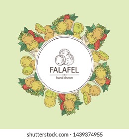 Background with falafel in pita with vegetables: falafel, pita, tomato, lettuce and olives. Vegetarian fast food. Vector hand drawn illustration