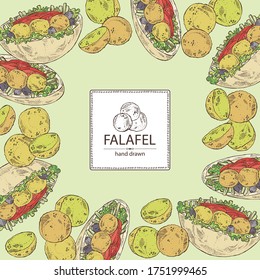 Background with falafel in pita with vegetables: falafel, pita, tomato, lettuce and olives. Vegetarian fast food. Vector hand drawn illustration