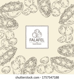 Background with falafel in pita with vegetables: falafel, pita, tomato, lettuce and olives. Vegetarian fast food. Vector hand drawn illustration