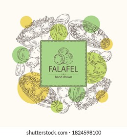 Background with falafel in pita with vegetables: falafel, pita, tomato, lettuce and olives. Vegetarian fast food. Vector hand drawn illustration