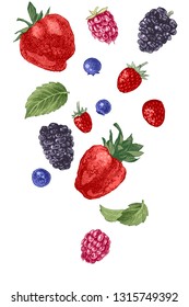 Background with falling berries - raspberry, blueberry, blackberry, strawberry and mint leaves. Hand drawn vector illustration