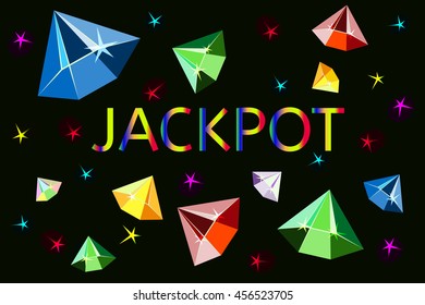 Background with falling diamonds/ gemstones and word Jackpot. Vector.
