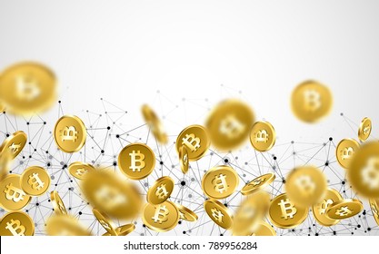 Background with falling gold bitcoins and network pattern. Vector money illustration.