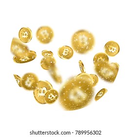 Background with falling gold bitcoins and network pattern. Vector money illustration.