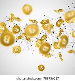 Background with falling gold bitcoins and network pattern. Vector money illustration.