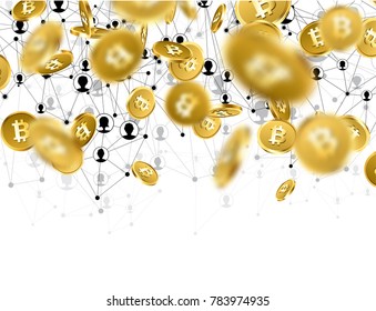 Background with falling gold bitcoins and social network. Vector money illustration.