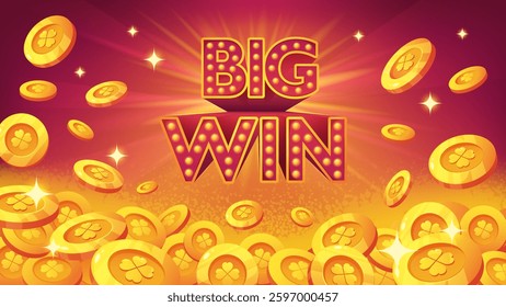 Background with falling gold coins with bitcoin icon. Cartoon background with coins for big winnings. Vector illustration