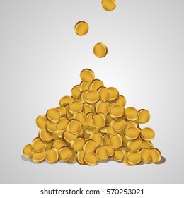 Background with falling golden coins isolated on a white background. A mountain of gold coins.