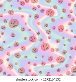 Background with falling pumpkins on a holographic backdrop for a Halloween design
