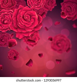 Background with falling realistic roses and petals. Vector illustration.