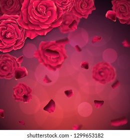Background with falling realistic roses and petals. Vector illustration.
